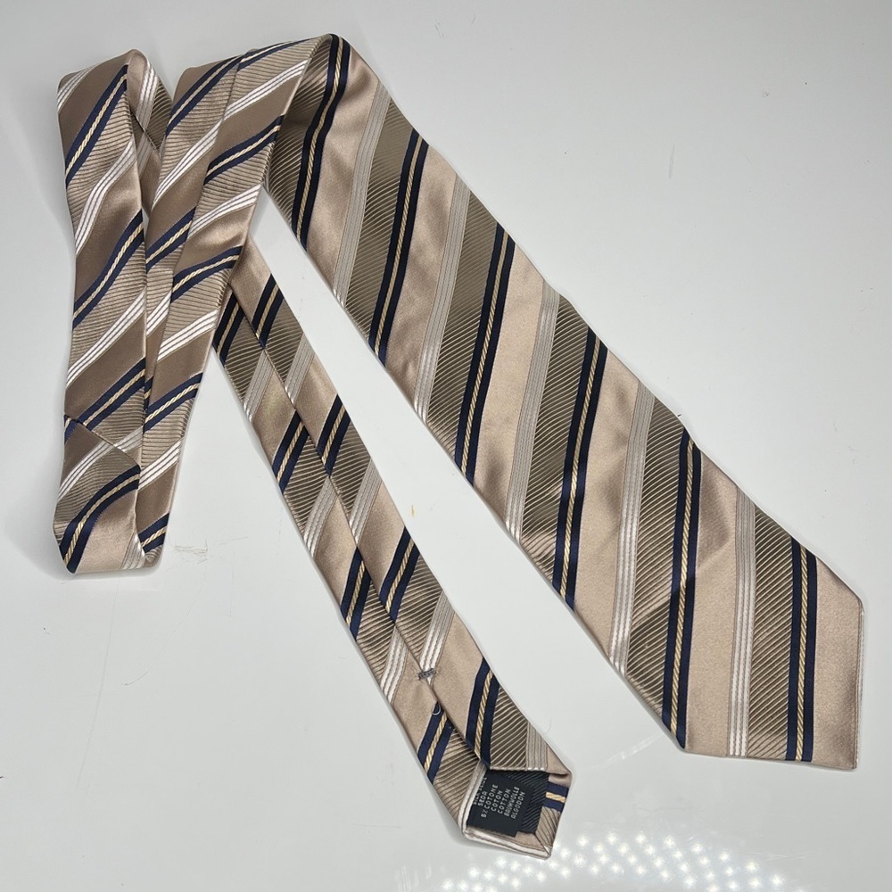 Ermenegildo Zegna Silk Cotton Striped Cream Navy Tie Made in Italy
